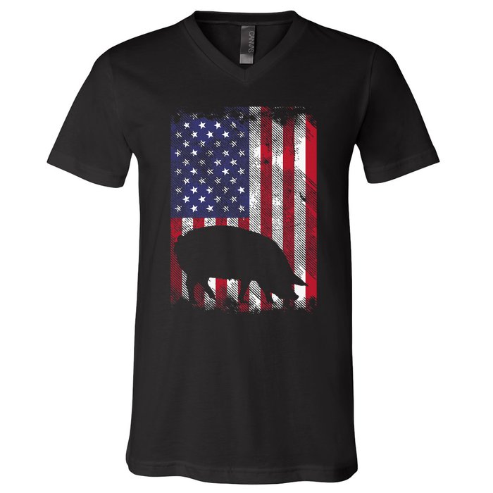 American Flag Pig Vintage Farm Animal Patriotic Farmer V-Neck T-Shirt