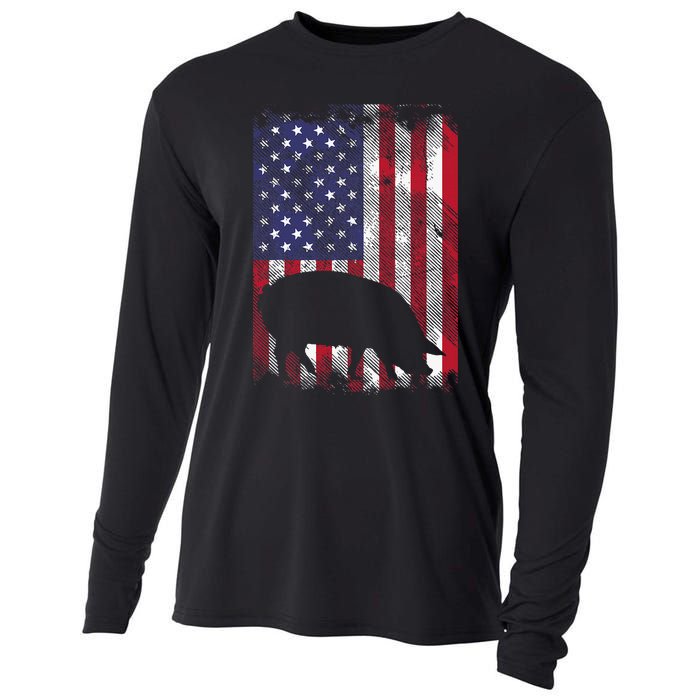 American Flag Pig Vintage Farm Animal Patriotic Farmer Cooling Performance Long Sleeve Crew