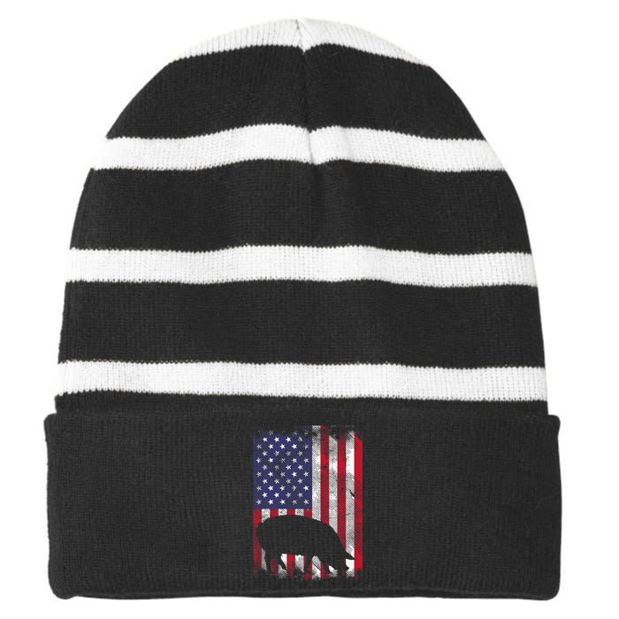 American Flag Pig Vintage Farm Animal Patriotic Farmer Striped Beanie with Solid Band