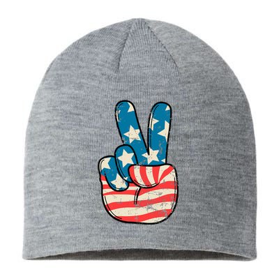 American Flag Peace Sign Hand 4th Of July Patriotic Sustainable Beanie