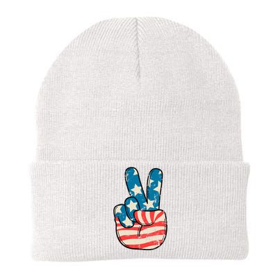 American Flag Peace Sign Hand 4th Of July Patriotic Knit Cap Winter Beanie