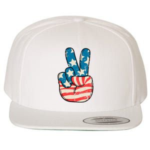 American Flag Peace Sign Hand 4th Of July Patriotic Wool Snapback Cap