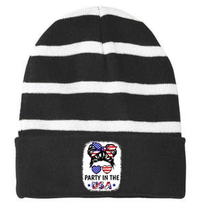 American Flag Party In Usa 4th July Patriotic Teen Girl Striped Beanie with Solid Band