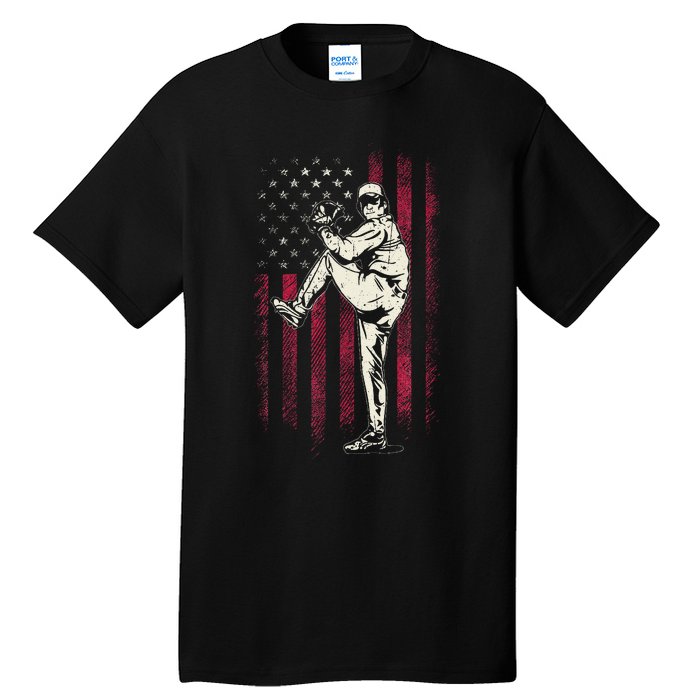 American Flag Pitcher Baseball Apparel Baseball Tall T-Shirt