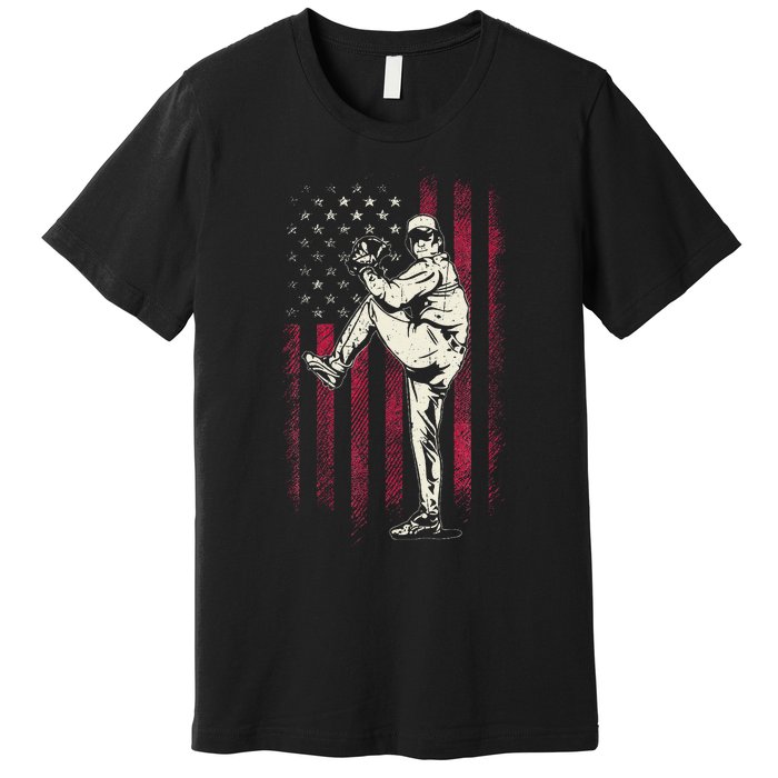 American Flag Pitcher Baseball Apparel Baseball Premium T-Shirt