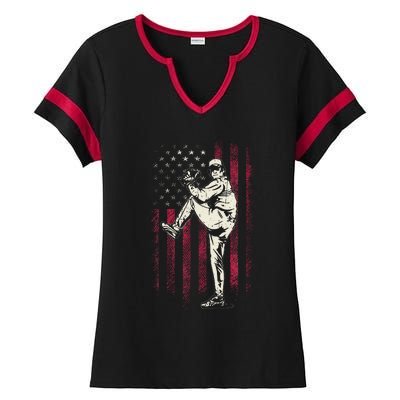 American Flag Pitcher Baseball Apparel Baseball Ladies Halftime Notch Neck Tee