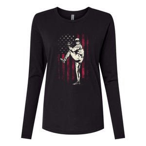 American Flag Pitcher Baseball Apparel Baseball Womens Cotton Relaxed Long Sleeve T-Shirt