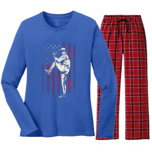 American Flag Pitcher Baseball Apparel Baseball Women's Long Sleeve Flannel Pajama Set 