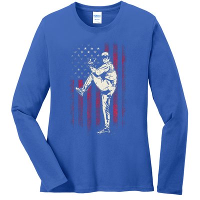 American Flag Pitcher Baseball Apparel Baseball Ladies Long Sleeve Shirt