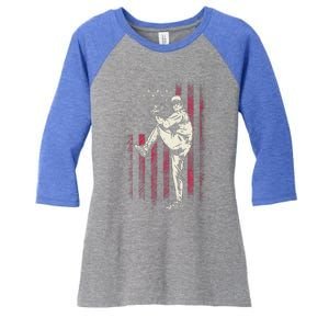 American Flag Pitcher Baseball Apparel Baseball Women's Tri-Blend 3/4-Sleeve Raglan Shirt