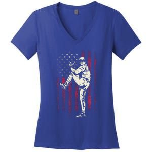 American Flag Pitcher Baseball Apparel Baseball Women's V-Neck T-Shirt