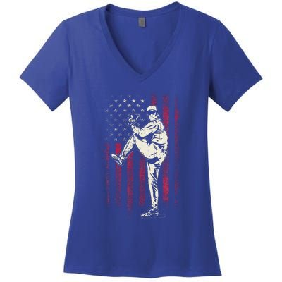 American Flag Pitcher Baseball Apparel Baseball Women's V-Neck T-Shirt