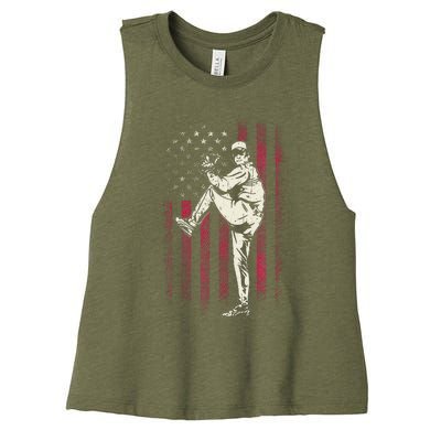 American Flag Pitcher Baseball Apparel Baseball Women's Racerback Cropped Tank