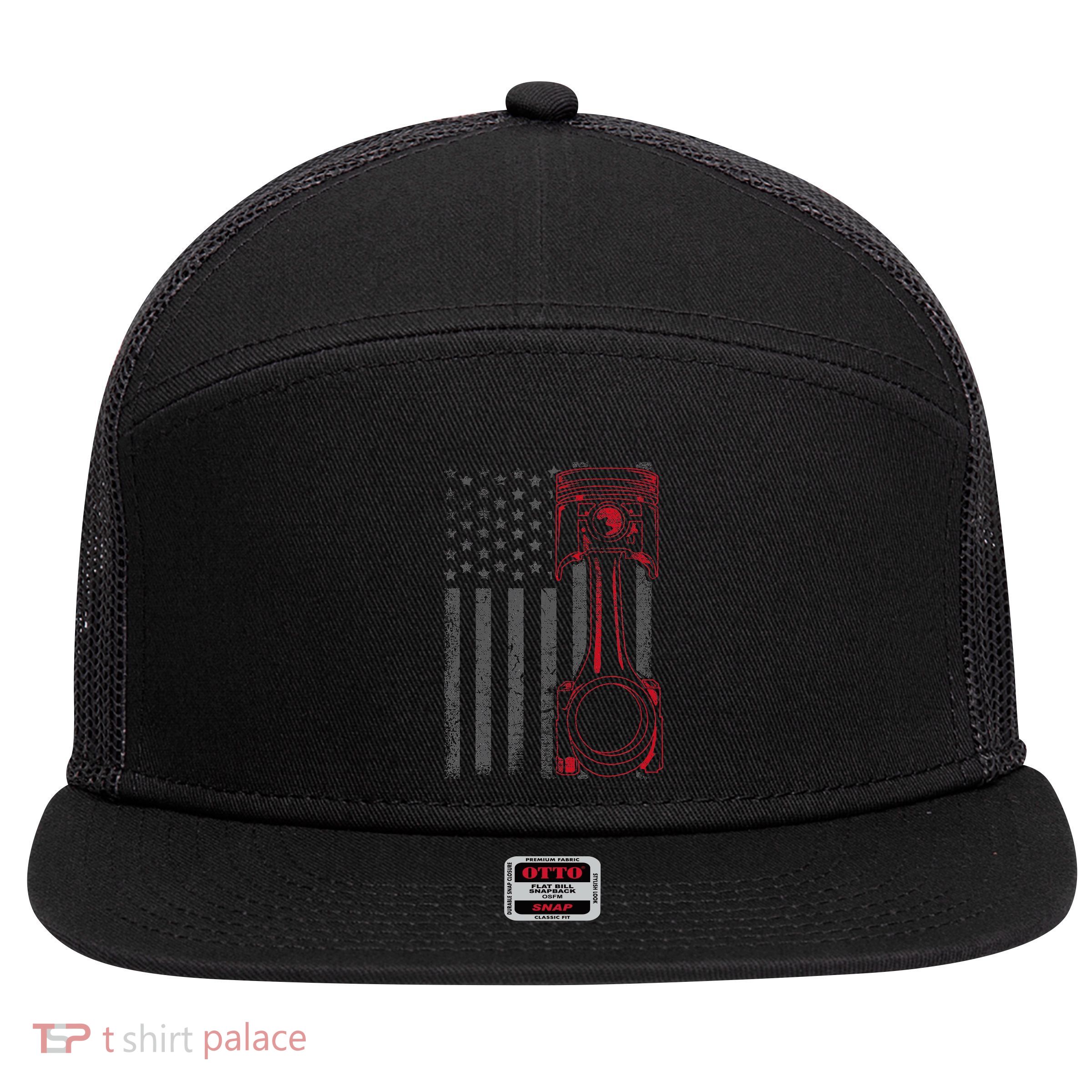 American Flag Piston Funny Muscle Car Mechanic Gift 7 Panel Mesh Trucker Snapback Hat