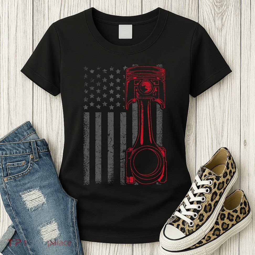 American Flag Piston Funny Muscle Car Mechanic Gift Womens T-Shirt