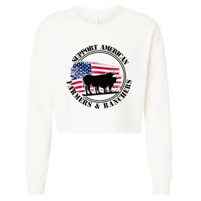 American Flag Patriotic Support American Farmers & Ranchers Cropped Pullover Crew