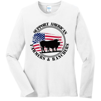 American Flag Patriotic Support American Farmers & Ranchers Ladies Long Sleeve Shirt