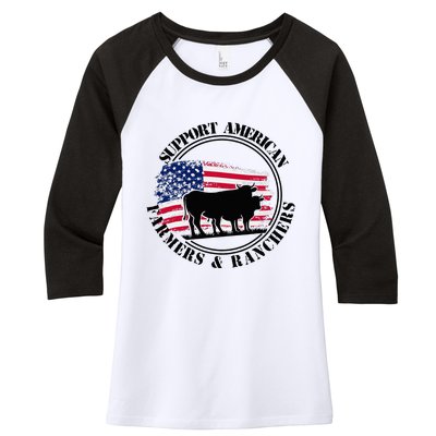 American Flag Patriotic Support American Farmers & Ranchers Women's Tri-Blend 3/4-Sleeve Raglan Shirt