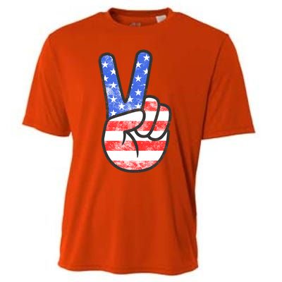 American Flag Peace Sign Hand Fourth Of July Gift Cooling Performance Crew T-Shirt