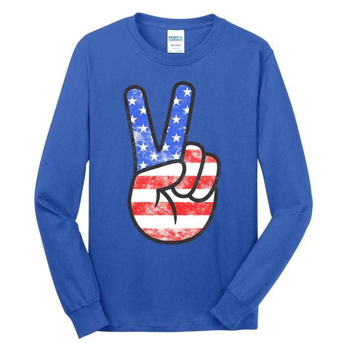 American Flag Peace Sign Hand Fourth Of July Gift Tall Long Sleeve T-Shirt