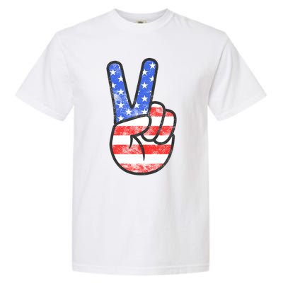 American Flag Peace Sign Hand Fourth Of July Gift Garment-Dyed Heavyweight T-Shirt