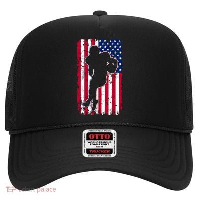 American Football Player Distressed USA Flag High Crown Mesh Back Trucker Hat