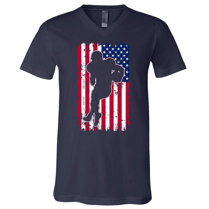 American Football Player Distressed USA Flag V-Neck T-Shirt