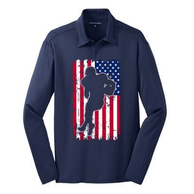 American Football Player Distressed USA Flag Silk Touch Performance Long Sleeve Polo