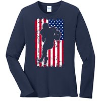 American Football Player Distressed USA Flag Ladies Long Sleeve Shirt