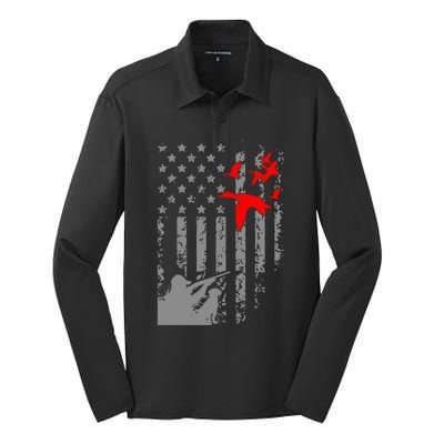 American Flag Patriotic Duck Hunting Waterfowl With Dog Gift Silk Touch Performance Long Sleeve Polo