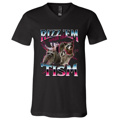 Autism Funny Rizz Em With The Tism Meme Autistic Racoon V-Neck T-Shirt