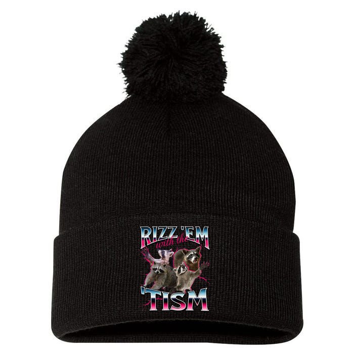 Autism Funny Rizz Em With The Tism Meme Autistic Racoon Pom Pom 12in Knit Beanie