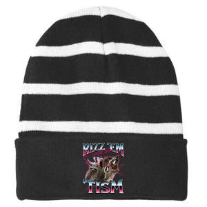 Autism Funny Rizz Em With The Tism Meme Autistic Racoon Striped Beanie with Solid Band