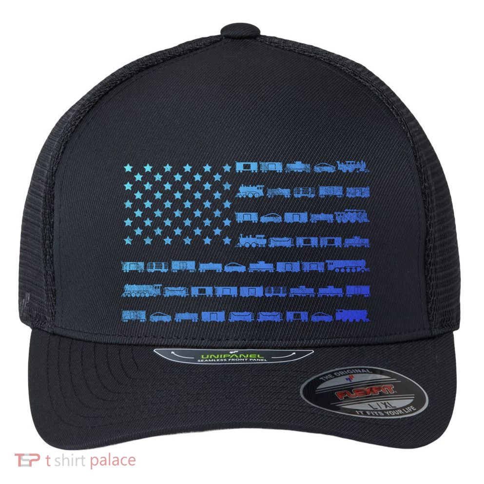American Flag Railroad Train Conductor Gift Flexfit Unipanel Trucker Cap
