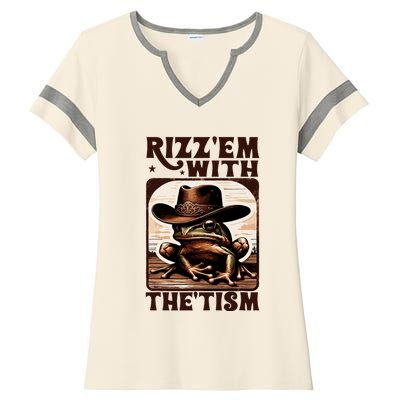 Autism Funny Rizz Em With The Tism Meme Autistic Frog Cowboy Ladies Halftime Notch Neck Tee