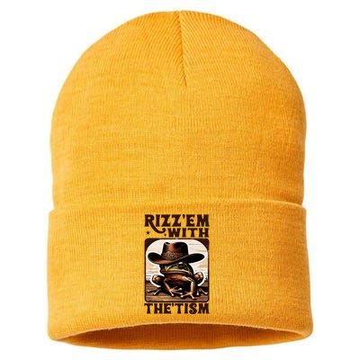 Autism Funny Rizz Em With The Tism Meme Autistic Frog Cowboy Sustainable Knit Beanie