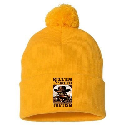 Autism Funny Rizz Em With The Tism Meme Autistic Frog Cowboy Pom Pom 12in Knit Beanie