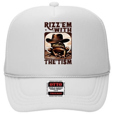 Autism Funny Rizz Em With The Tism Meme Autistic Frog Cowboy High Crown Mesh Back Trucker Hat