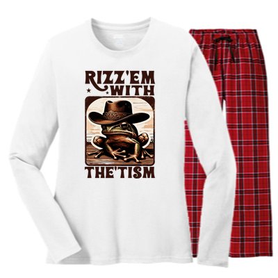 Autism Funny Rizz Em With The Tism Meme Autistic Frog Cowboy Women's Long Sleeve Flannel Pajama Set 