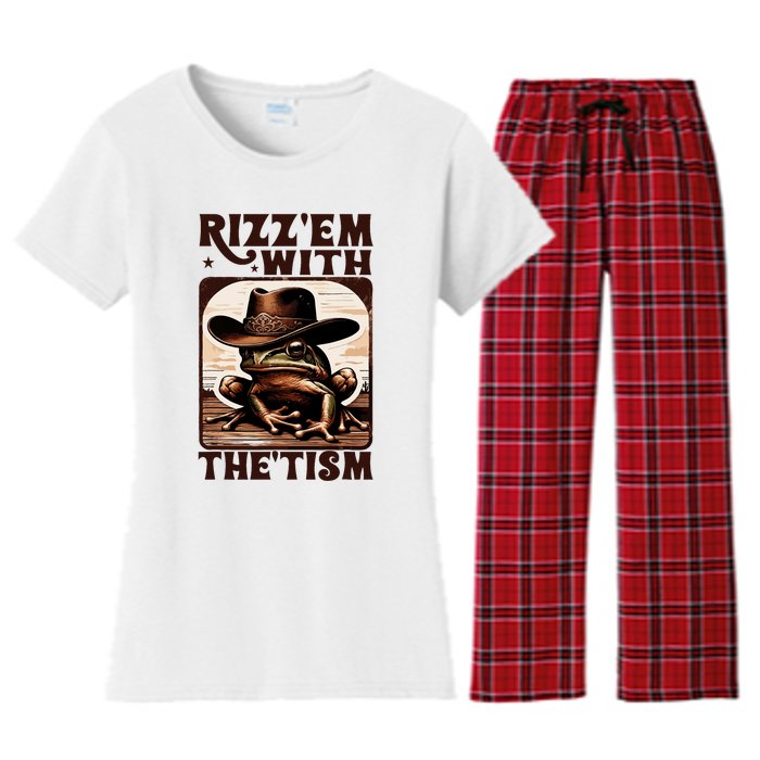 Autism Funny Rizz Em With The Tism Meme Autistic Frog Cowboy Women's Flannel Pajama Set