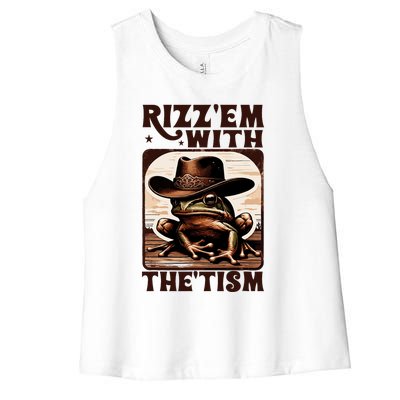 Autism Funny Rizz Em With The Tism Meme Autistic Frog Cowboy Women's Racerback Cropped Tank