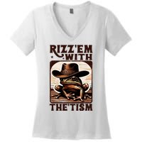 Autism Funny Rizz Em With The Tism Meme Autistic Frog Cowboy Women's V-Neck T-Shirt