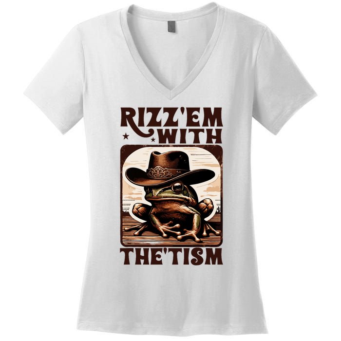 Autism Funny Rizz Em With The Tism Meme Autistic Frog Cowboy Women's V-Neck T-Shirt