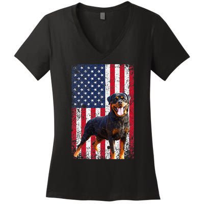 American Flag Rottweiler Dog Lover Funny 4th of July Dog Women's V-Neck T-Shirt