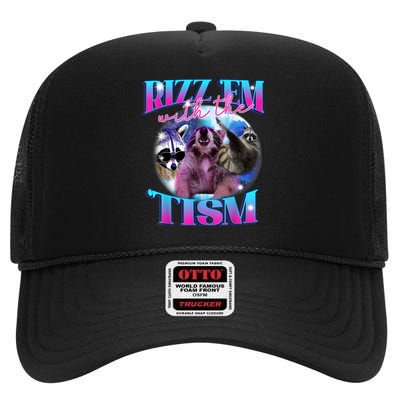 Autism Funny Rizz Em With The Tism Meme Autistic Opossum High Crown Mesh Back Trucker Hat