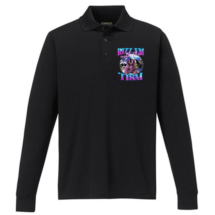 Autism Funny Rizz Em With The Tism Meme Autistic Opossum Performance Long Sleeve Polo