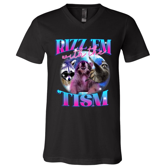 Autism Funny Rizz Em With The Tism Meme Autistic Opossum V-Neck T-Shirt