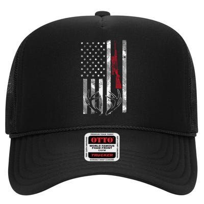 American Flag Rifle Antler Vintage Deer Hunting Hunter Gift High Crown Mesh Back Trucker Hat