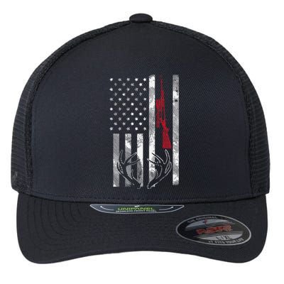 American Flag Rifle Antler Vintage Deer Hunting Hunter Gift Flexfit Unipanel Trucker Cap