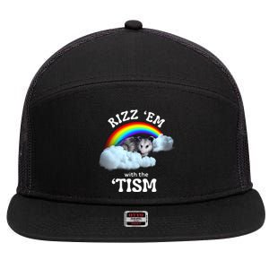 Autism Funny Rizz Em With The Tism Meme Autistic Opossum 7 Panel Mesh Trucker Snapback Hat